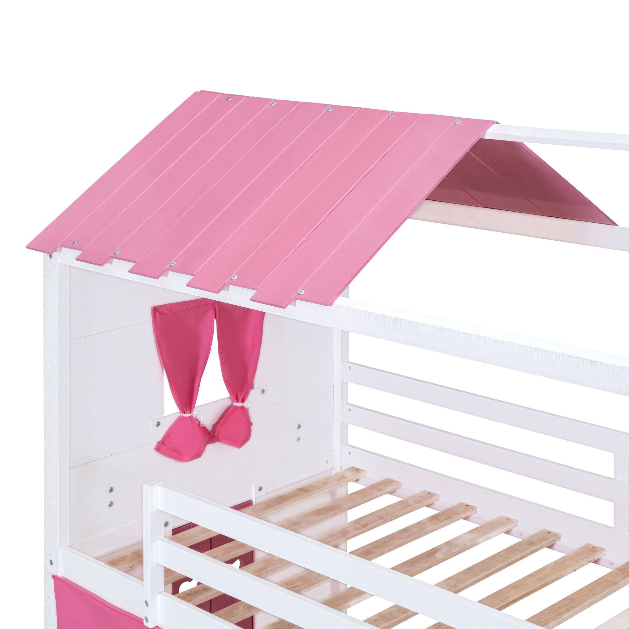 Aukfa Twin over Twin Bunk Bed with Tent and Roof, Wood Playhouse Bed for Kids, Pink
