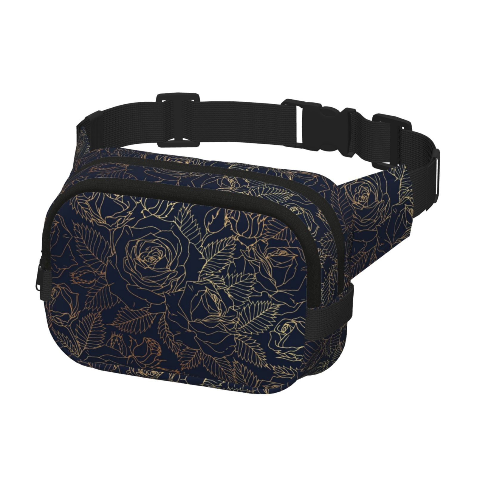 Picia Copper-Gold Gloss Outline Rose Print Square Double-Layer Waist Bag Mini Adjustable Waist Belt Bag Exercise Running Travel Hiking