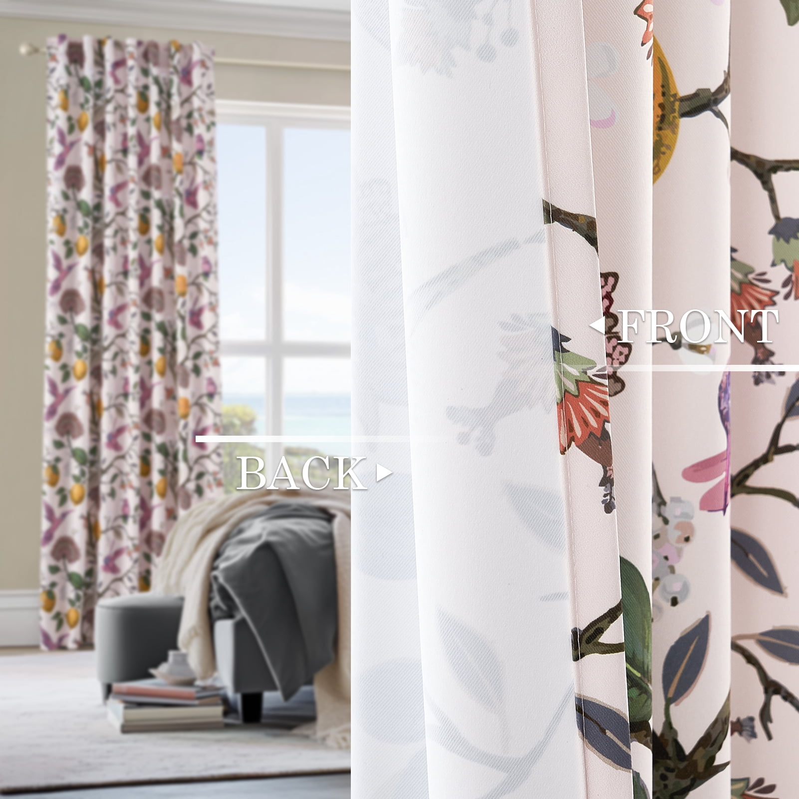 Topfinel Fancy Hummingbird Patterned Curtain,Pink Curtains for Living Room, Thermal Insulated Blackout Curtains for Bedroom, Floral Vintage Lemon Curtains 96 inch Length 2 Panels Set