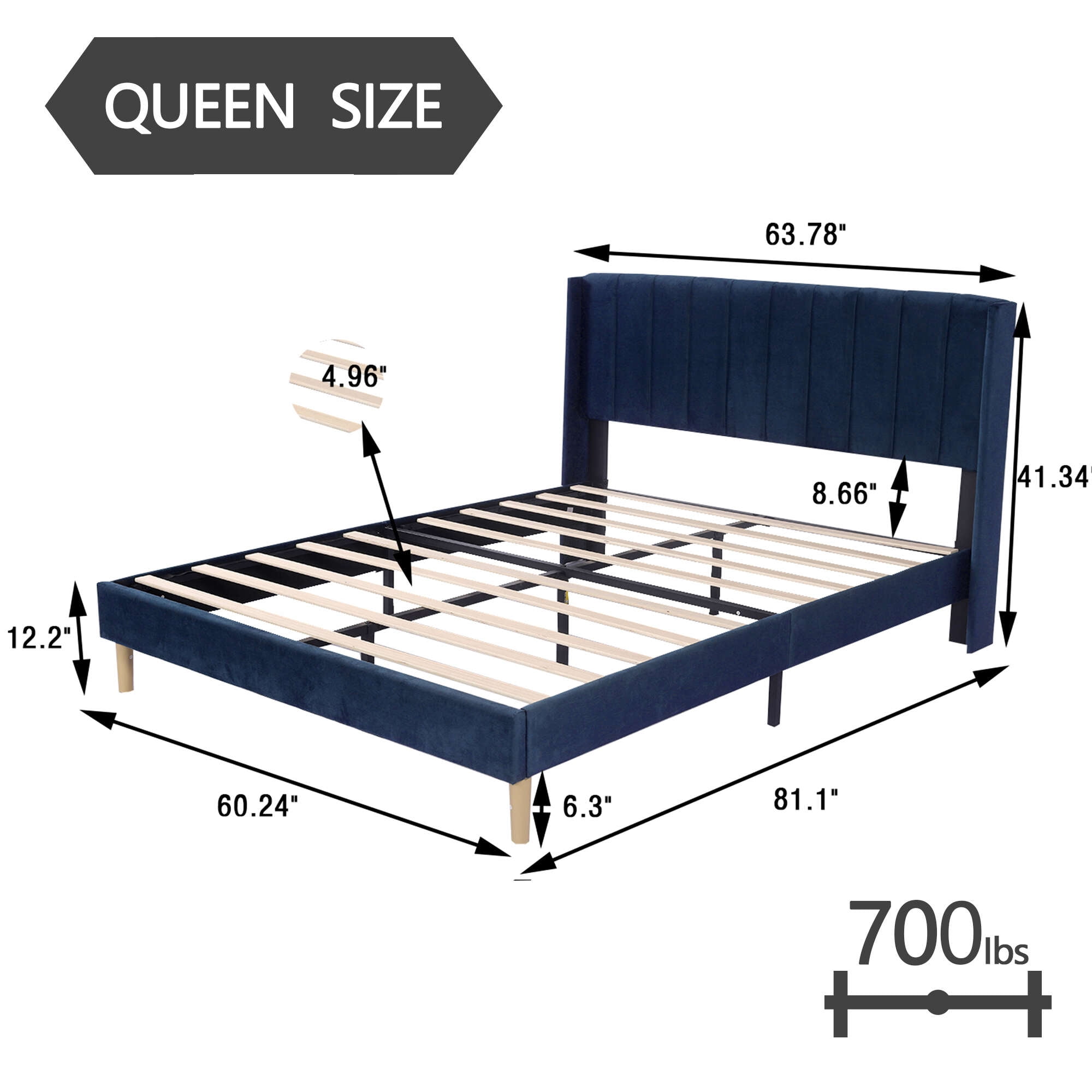 alazyhome Queen Size Upholstered Platform Bed Frame, Easy Assemble, Blue Velvet