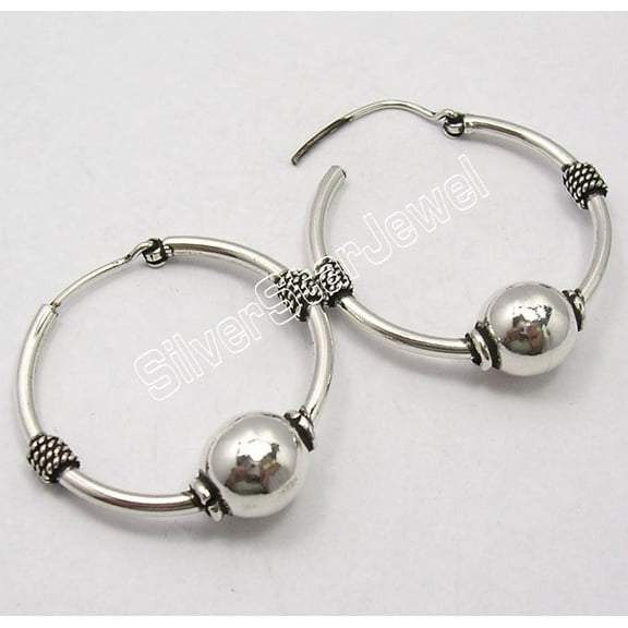 SilverStarJewel Vintage Style Jewelry !! 925 Sterling Silver India Tribal Hoop Earrings 1.4 Inch