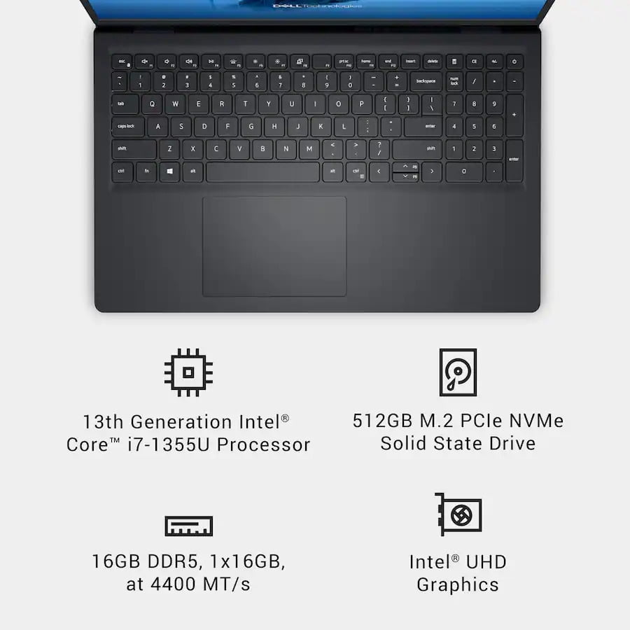 Dell LDC15250 15.6" FHD Touchscreen Laptop, Intel Core i7-1355U, 16GB DDR5 RAM, 512GB SSD, Intel UHD Graphics, Copilot AI, Windows 11 Home, Carbon Black, LDC15250-7427BLK