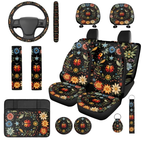 Uorisanigo Ladybug Flower Auto Accessories Set 14 Pcs with Cars Seat Covers and Steering Wheel Cover Car Headrest Cover Seat Belt Pads Armrest Cover and Keychain Soft Fit for Most Car SUV