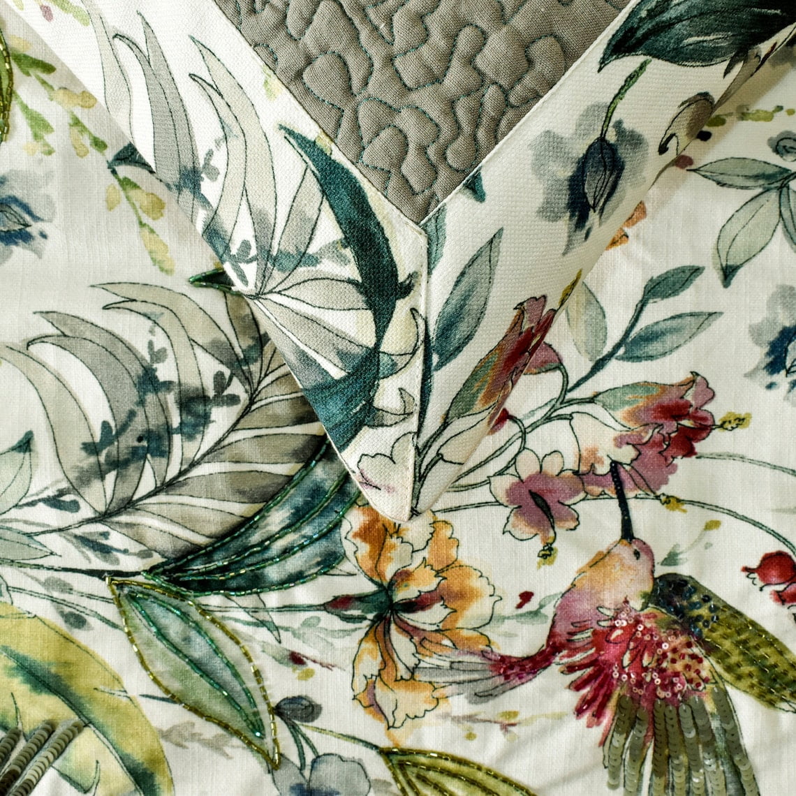 The HomeCentric King Queen Twin Ivory & Multi Designer CA King 86"x18" Bed Runner With 2 Pillow Cover, Bird, Sequins & Beaded Bed Scarf on Cotton fabric - Exotic Birds