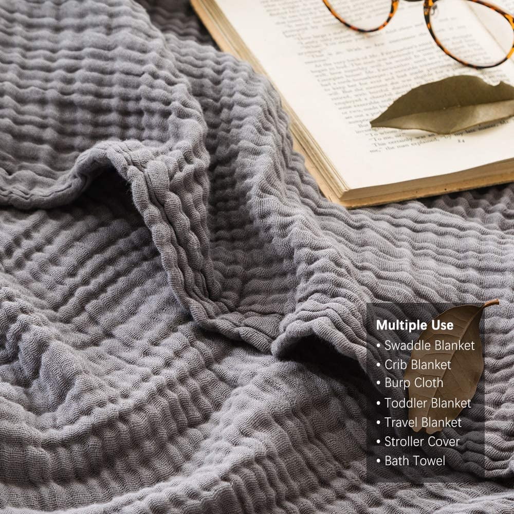 EMME Muslin Grey Throw Blanket 100% Cotton 6-Layer Couch Bed Blankets for Adults and Baby 55"x75" Lightweight Soft Breathable All Season Gauze Blanket, Grey