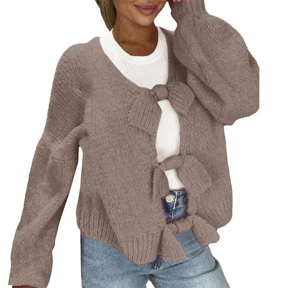 VISALY Cropped Cardigan Open Front Cardigan Bow Tie Cardigan Sweaters Crew Neck Long Sleeve Ribbed Knit Tie Front Crochet Knit Jumper Top Outwear Coat Chunky Knit Cardigan Crochet Cardigan Khaki L