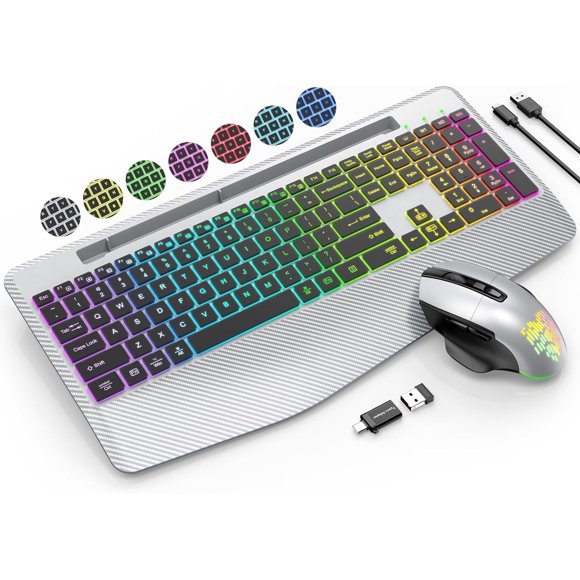 Wireless Keyboard and Mouse Combo Backlit - 9 Effects, Full-Sized Ergonomic Keyboard with Wrist Rest, Jiggler