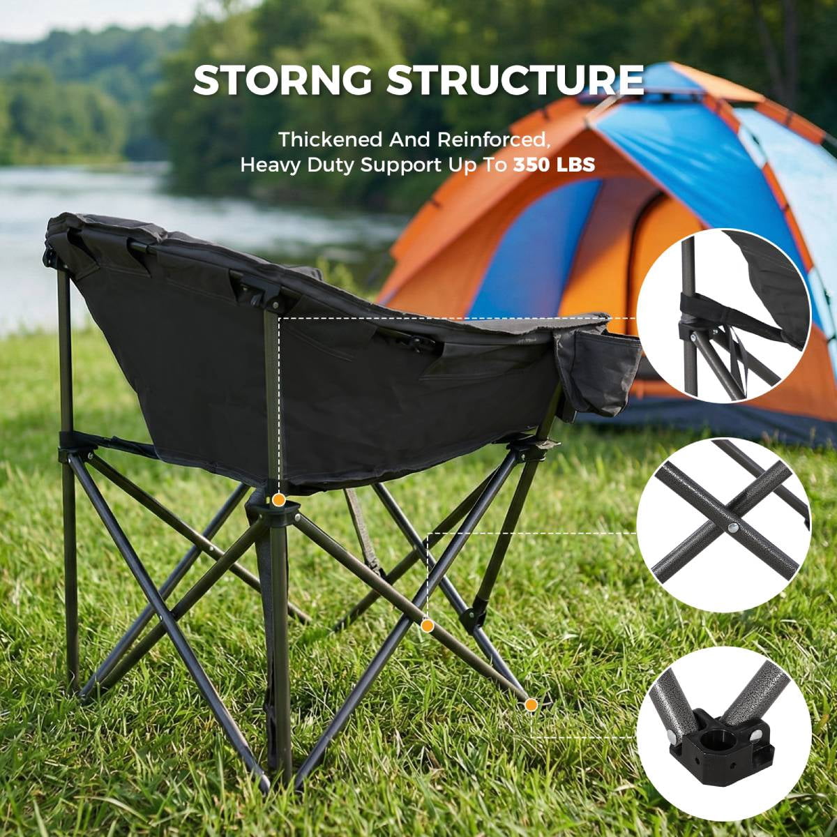 Oversized Folding Moon Chair, Padded Heavy-Duty Camping Chair with Multi-Pocket & Carry Bag, Portable Outdoor Chair for Camping Fishing Beach Backyard
