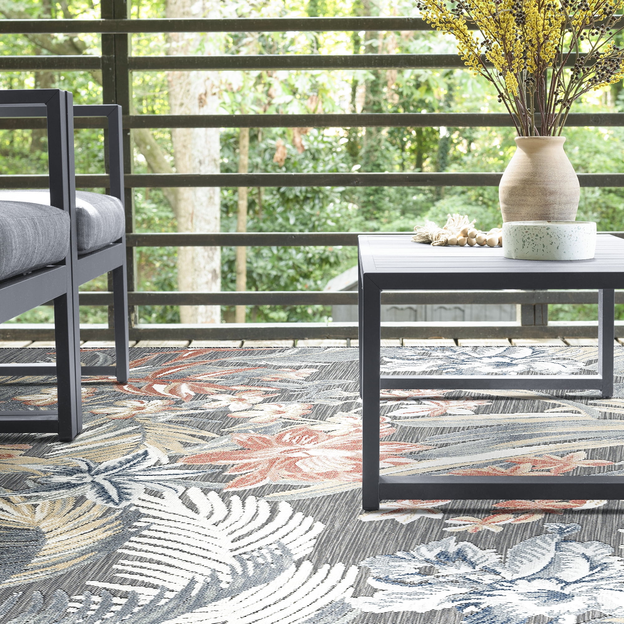 5x7 Water Resistant, Indoor Outdoor Rugs for Patios, Front Door Entry, Entryway, Deck, Porch, Balcony | Outside Area Rug for Patio | Black, Floral | Size: 5'1'' x 7'3''