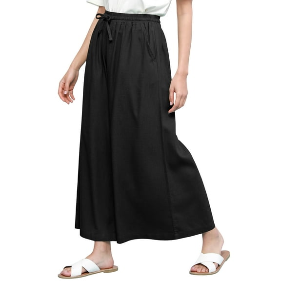 Made by Johnny Women's Casual Loose Washed Linen Wide Leg Pants with Pockets and Drawstring S BLACK