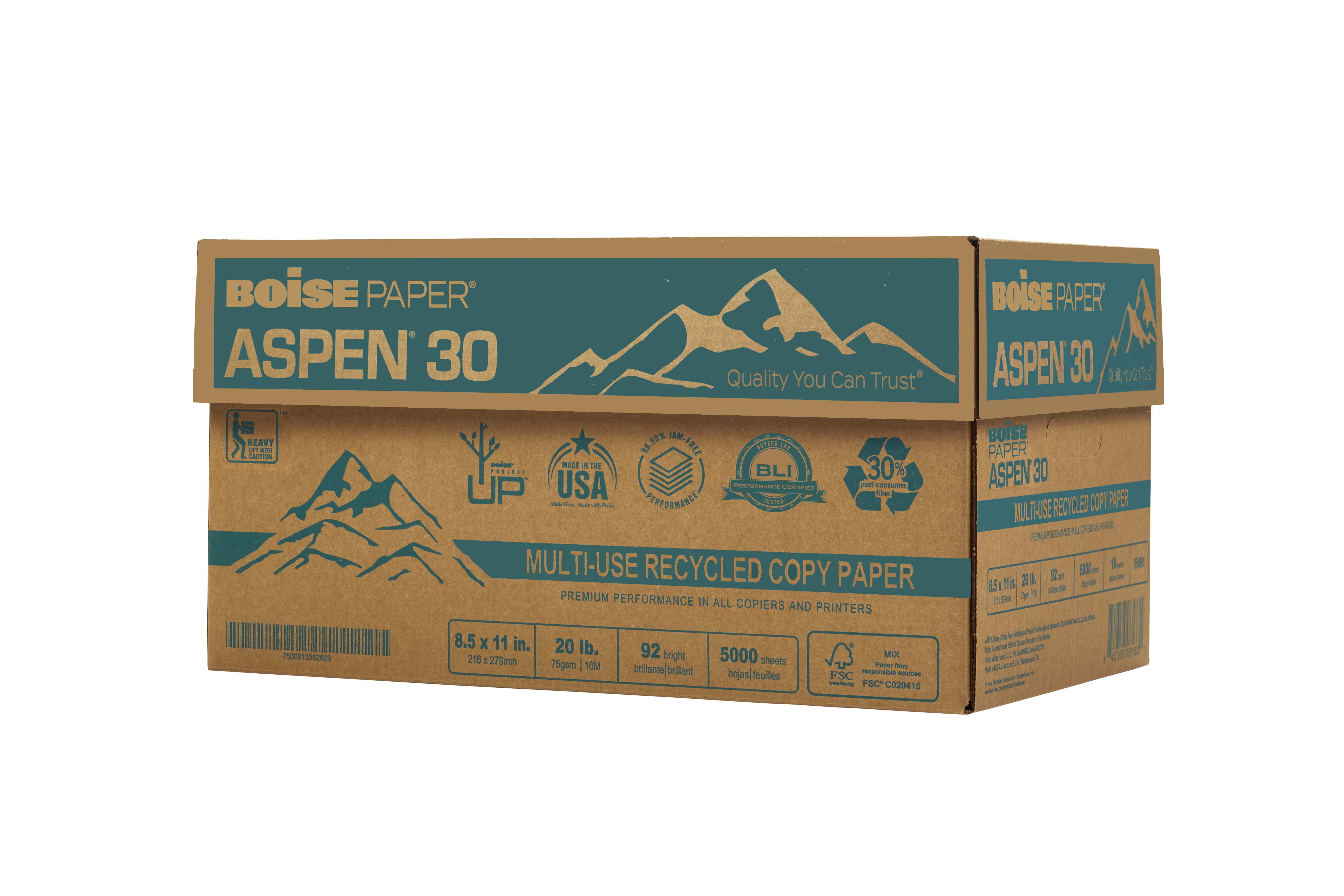 BOISE ASPEN 30% Recycled Multi-Use Copy Paper, 8.5" x 11" Letter, 92 Bright White, 20 lb., 10 Ream Carton (5,000 Sheets)