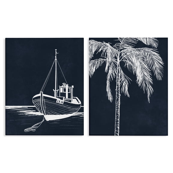 Stupell Industries Blue Boat & Palm Transportation Painting Wrapped Canvas Art Print Wall Art, 16 x 20, Set of 2