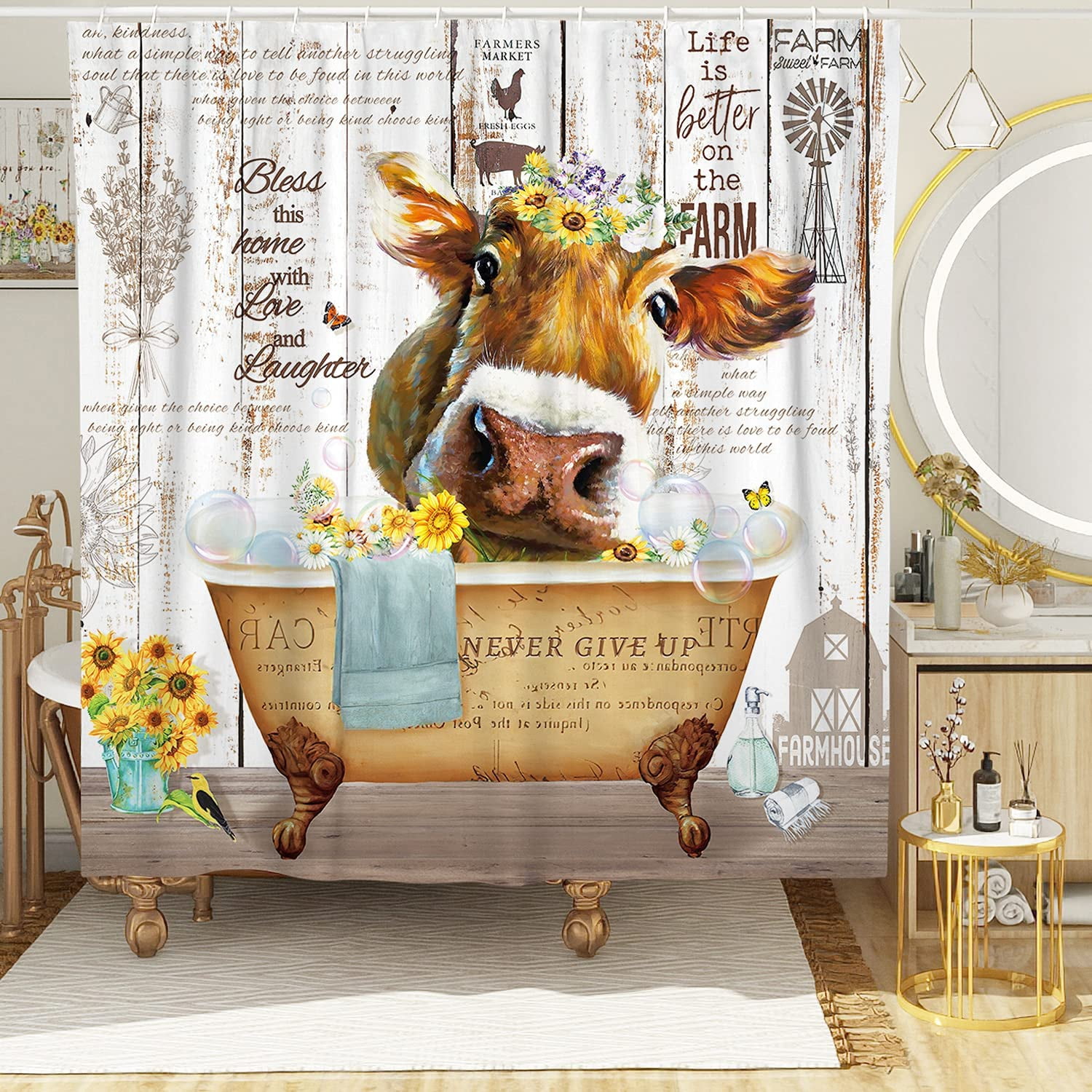 Farmhouse Cow Shower Curtains for Bathroom Funny Country Cow Decor
