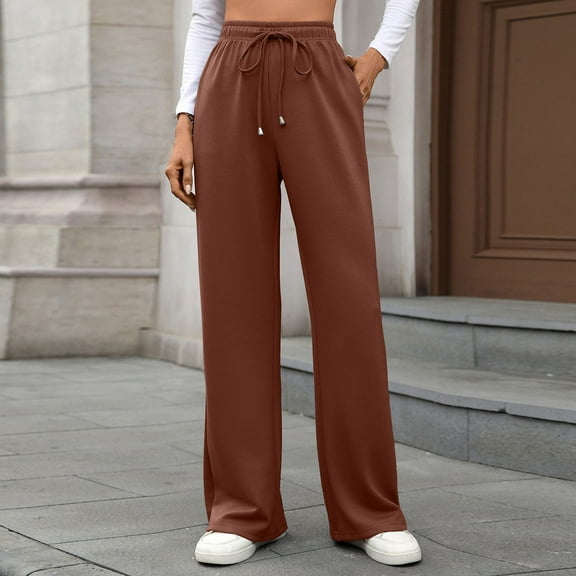 Women's Wide Leg Pants Adjustable Tie Knot Elastic Waist Palazzo Pants High Waist Loose Flowy Trousers with Pockets