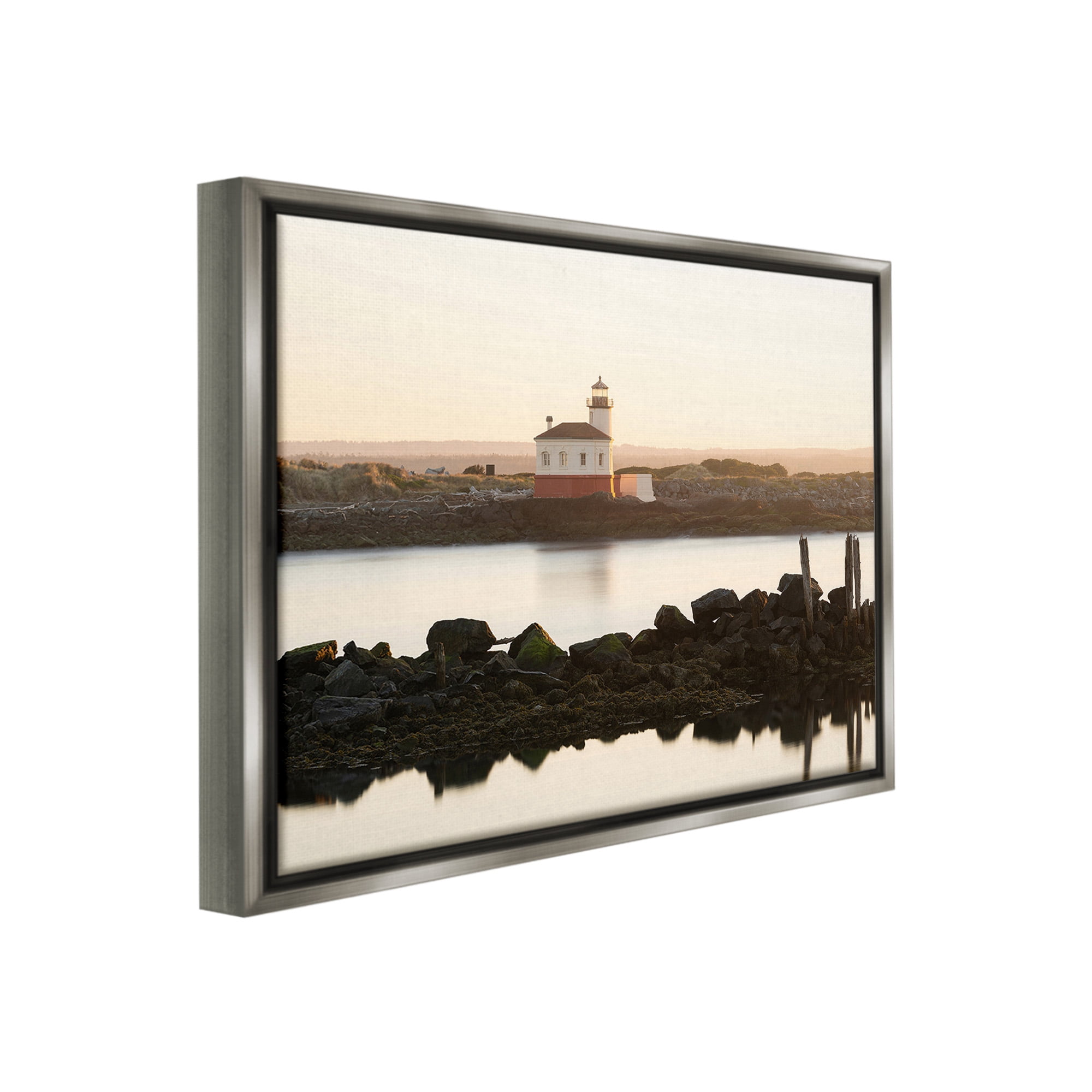 Stupell Industries Lighthouse with Soft Sunlight Landscape Photography Gray Floater Framed Canvas Art Print Wall Art, 21 x 17