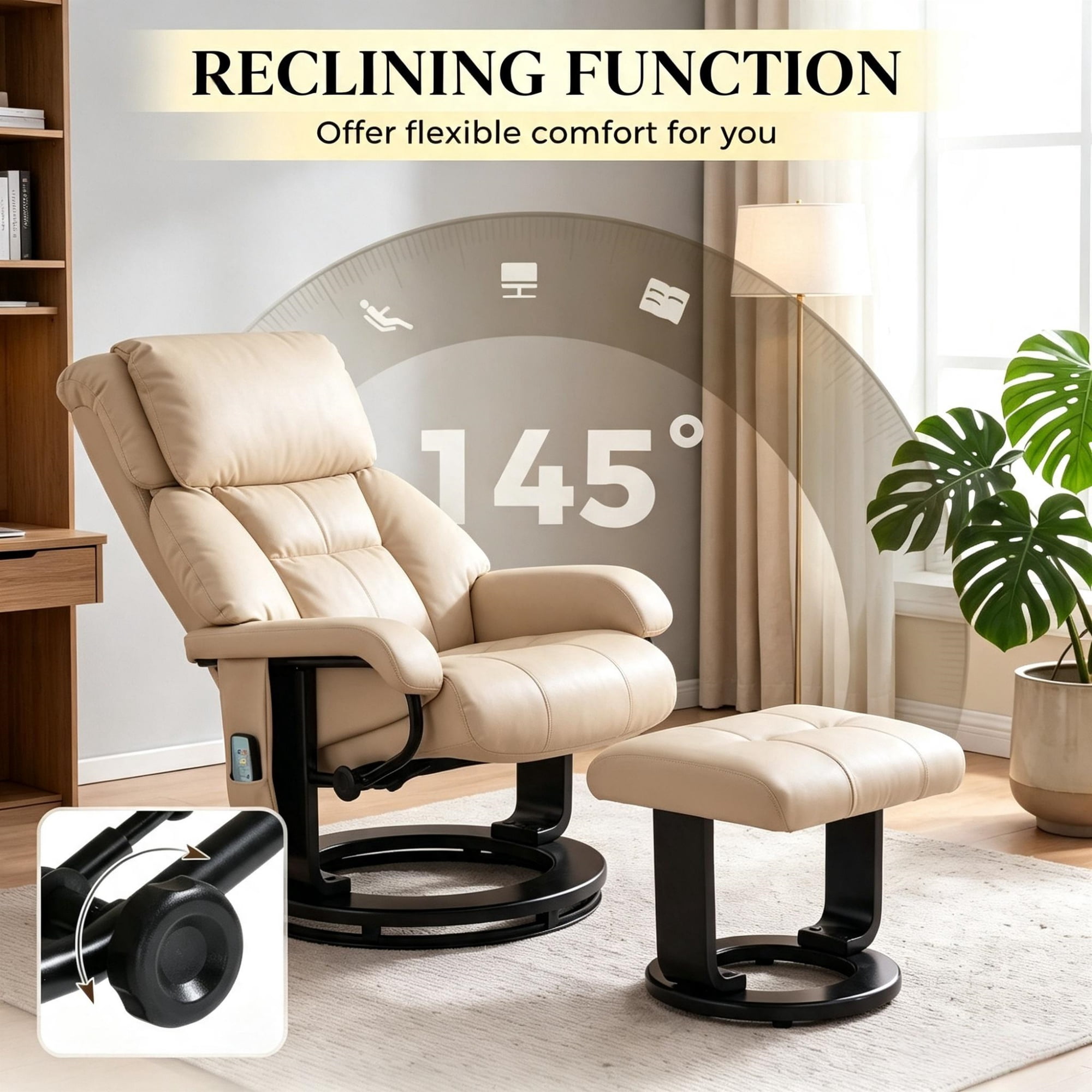 360° Swivel Massage Recliner Chair, 10-Point Vibration Footstool for Living Room, Beige