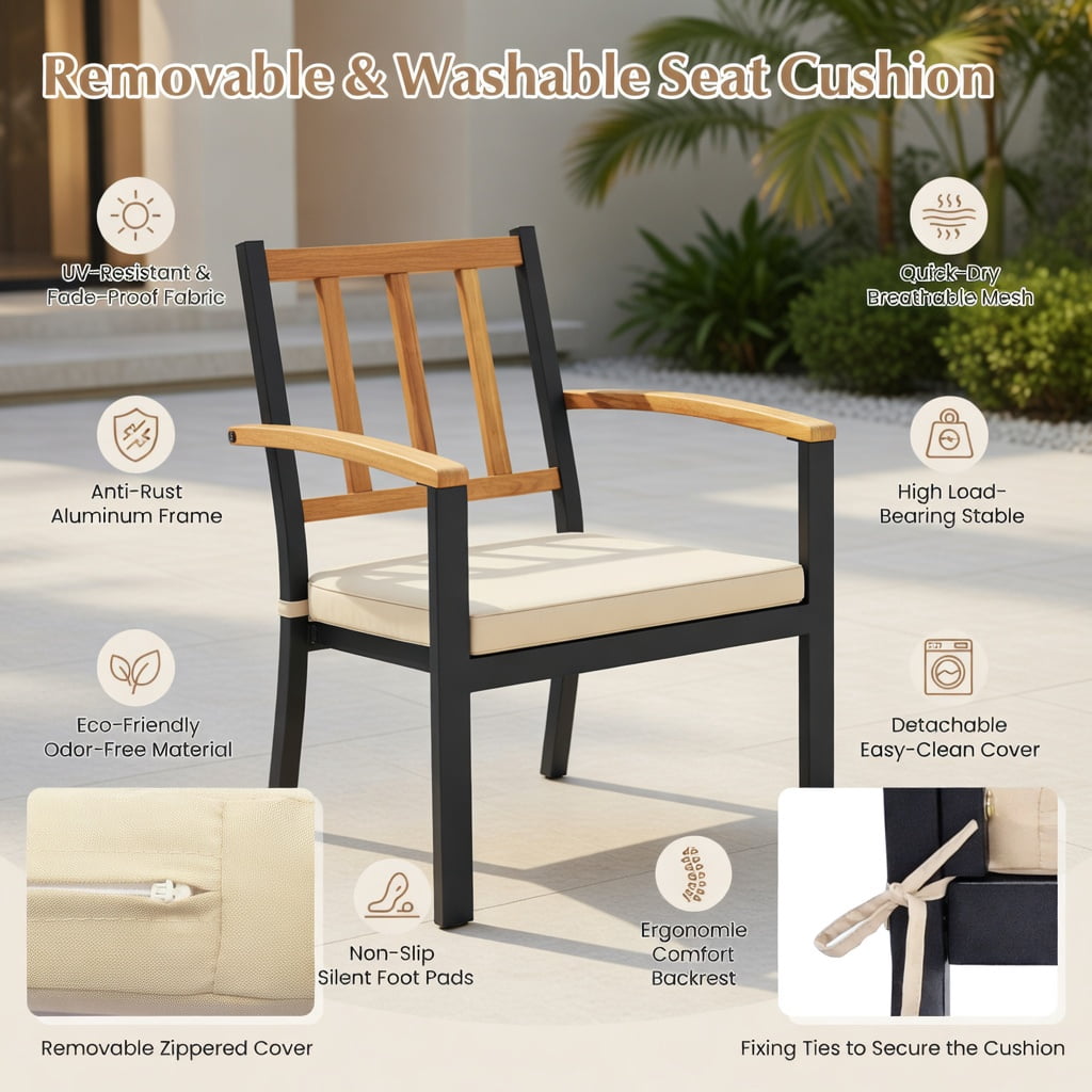 Hommoo 2-Pack Modern Patio Dining Chairs with Removable Cushions, Acacia Wood Outdoor Chairs, Ergonomic Design, Easy-Clean Fabric Seats, Black & Natural