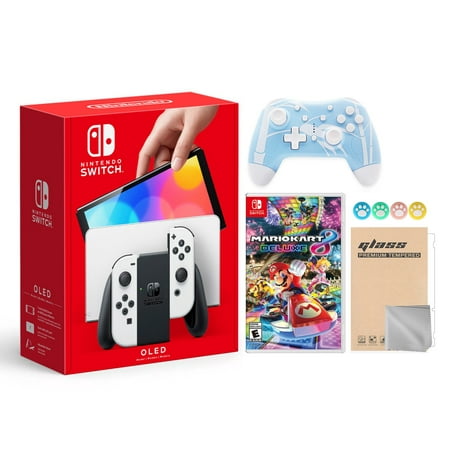 Nintendo Switch OLED Model White Joy Con 64GB Console Improved HD Screen and LAN-Port Dock with Mario Kart 8 Deluxe and Mytrix Wireless Switch Pro Controller and Accessories 2021 New