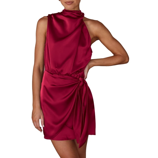 Vestido PRETTYGARDEN Satín Sin Mangas con Cuello Simulado y Cinturón Talla M