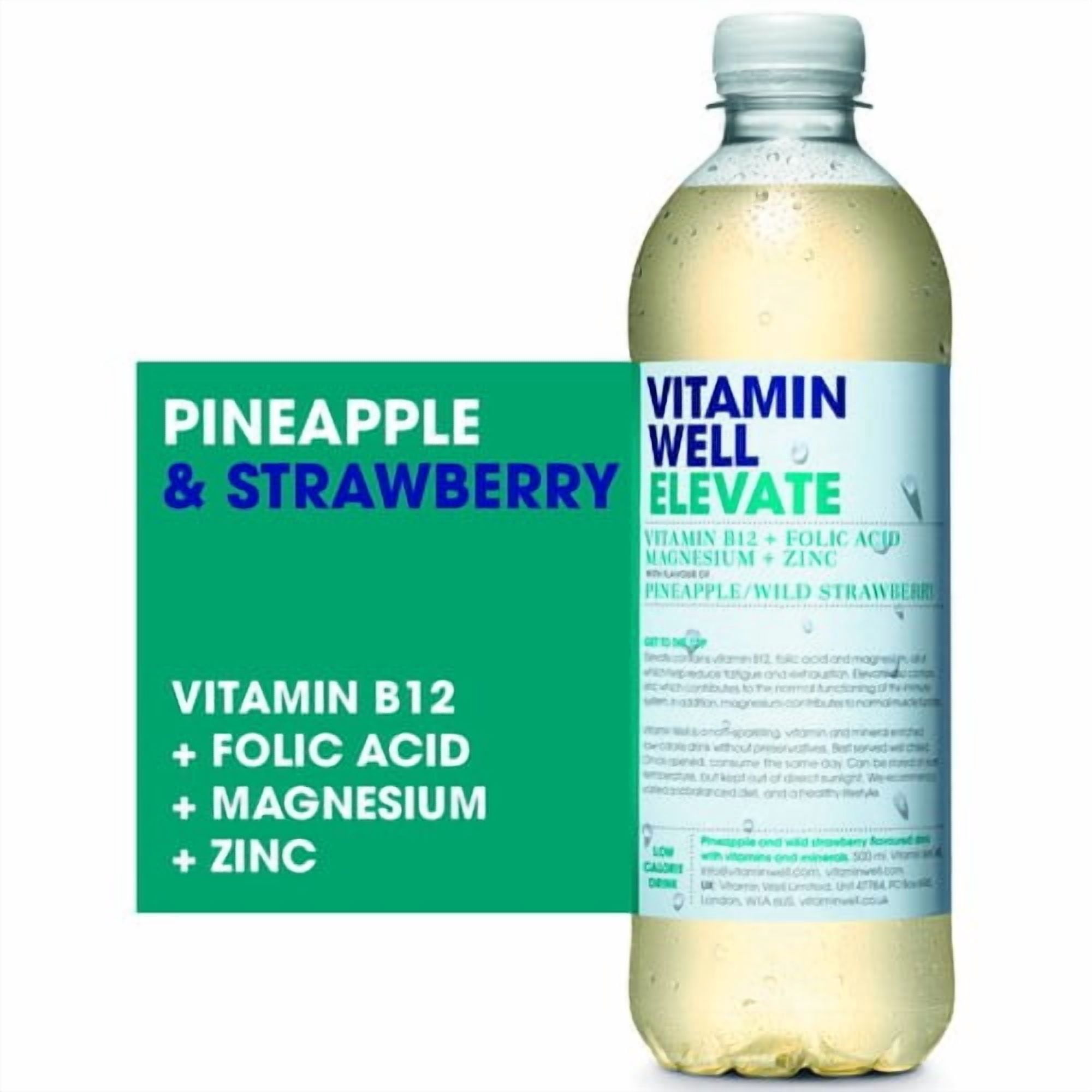 Vitamin Well Water Elevate Pineapple & Wild Strawberry 500ml, British Import (Pack of 6)