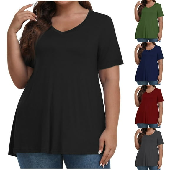 Htigea Plus Size Tops for Women Summer Top Loose Fit Tee Shirts V Neck Short Sleeve Blouse Black,2XL