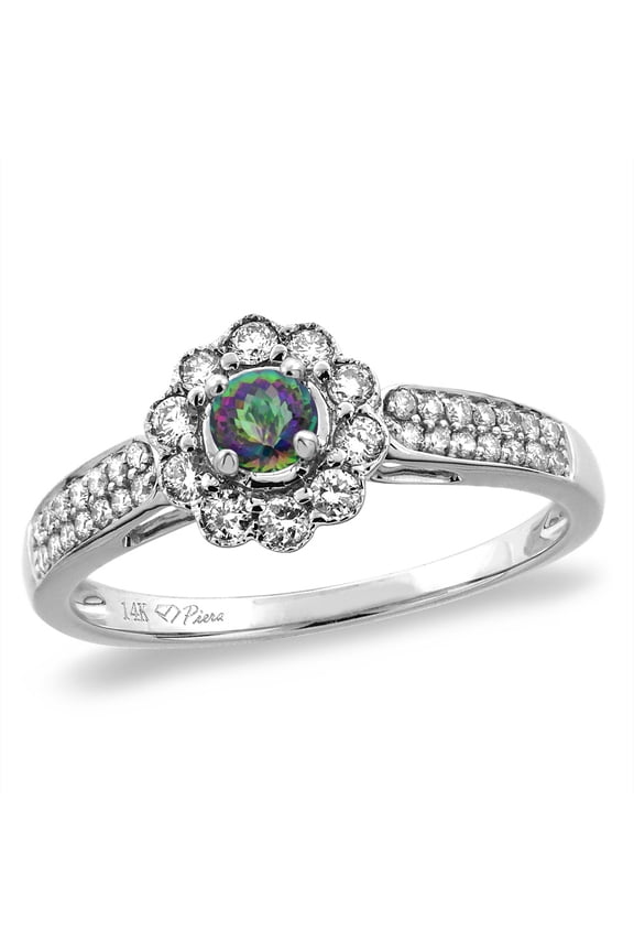 14K White Gold Natural Mystic Topaz Engagement Ring Round 4 mm, size 6.5