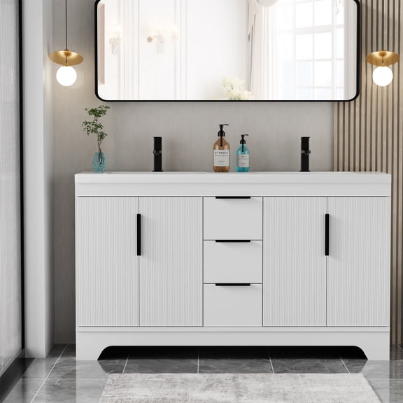 Eclife 60-inch Double Sink Bathroom Vanity with Integrated Tops, Soft-Close Hinges, Fluted Door Design, Mid-Century Modern