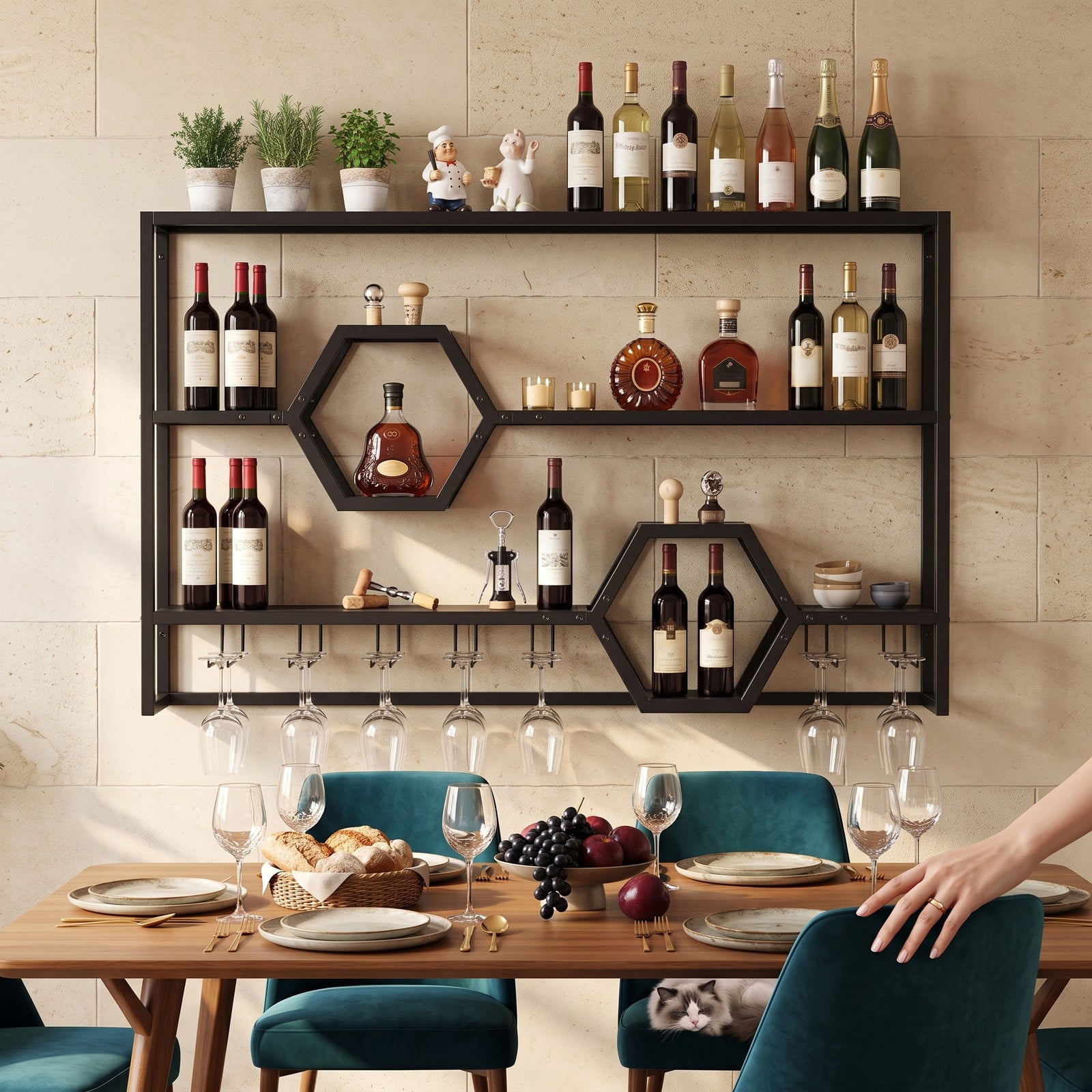 RUIE 47 Inch Wall Mounted Wine Rack, Large Floating Bar Shelves with Glass Holder, Metal Hanging Wine Bottle Storage Organizer for Kitchen Dining Room Bar, Black