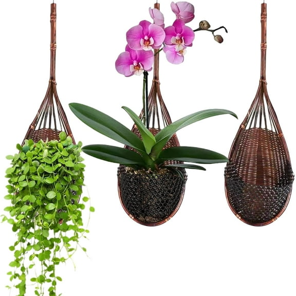 Hanging Orchid Planter: 3 Pack Wall Plant Pot with Adjustable Hook Breathable - 4 Inch Handmade Bamboo Flower Basket for Indoor Window Balcony Corridor Railing Garden Fence - Brown