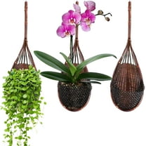 Hanging Orchid Planter: 3 Pack Wall Plant Pot with Adjustable Hook Breathable - 4 Inch Handmade Bamboo Flower Basket for Indoor Window Balcony Corridor Railing Garden Fence - Brown