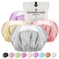 thumbnail image 1 of Gorro de ducha para mujer Gorros de ducha reutilizables extra grandes para hombres Gorros de pelo largo impermeables de satén de doble capa EVA (gris plateado orquídea oro rosa paquete de 4), 1 of 5