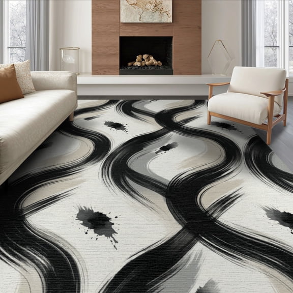 ODIKA 8'x10' Washable Area Rug Durable, Non-Slip Brushstroke With Interlocking Minimalist Accents Abstract Modern Refined for Living Room, Under Sectional, Family