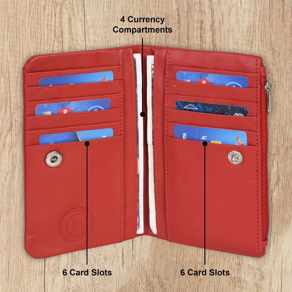 Leatherboss Genuine Leather Women Slim Compact Clutch Credit Card Holder with Coin Pocket