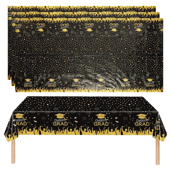 WORGEOUS Graduation Tablecloth Black Plastic 3Pcs 108x54In
