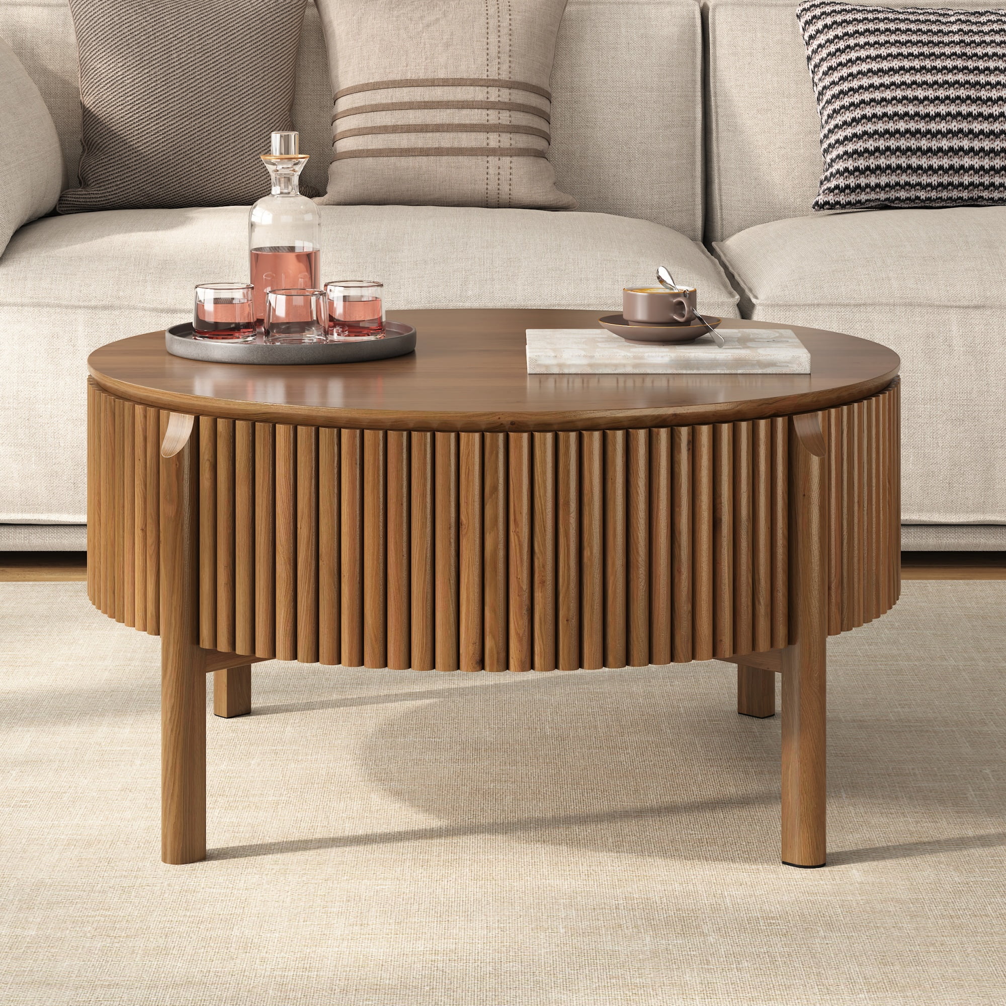 30.3-Inch Round Lift-Top Coffee Table with Hidden Storage and Fluted Base, Modern Farmhouse Center Table and Cocktail Table for Living Room, Walnut
