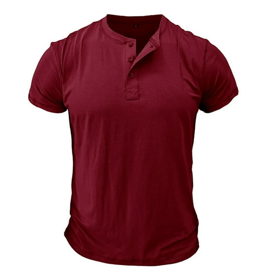 Jalioing T-Shirt Top for Men Casual Short Sleeved Tee Shirt Quarter Button Crew Neck Basic Pullover Top (Large, Wine)