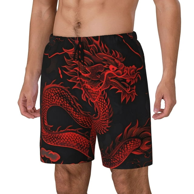 KLL Dragon Rouge sur Noir pour Maillots de Bain Hommes Séchage Rapide Shorts de Bain avec Doublure de Compression Intégrée Maillots de Bain Amusants-Moyen