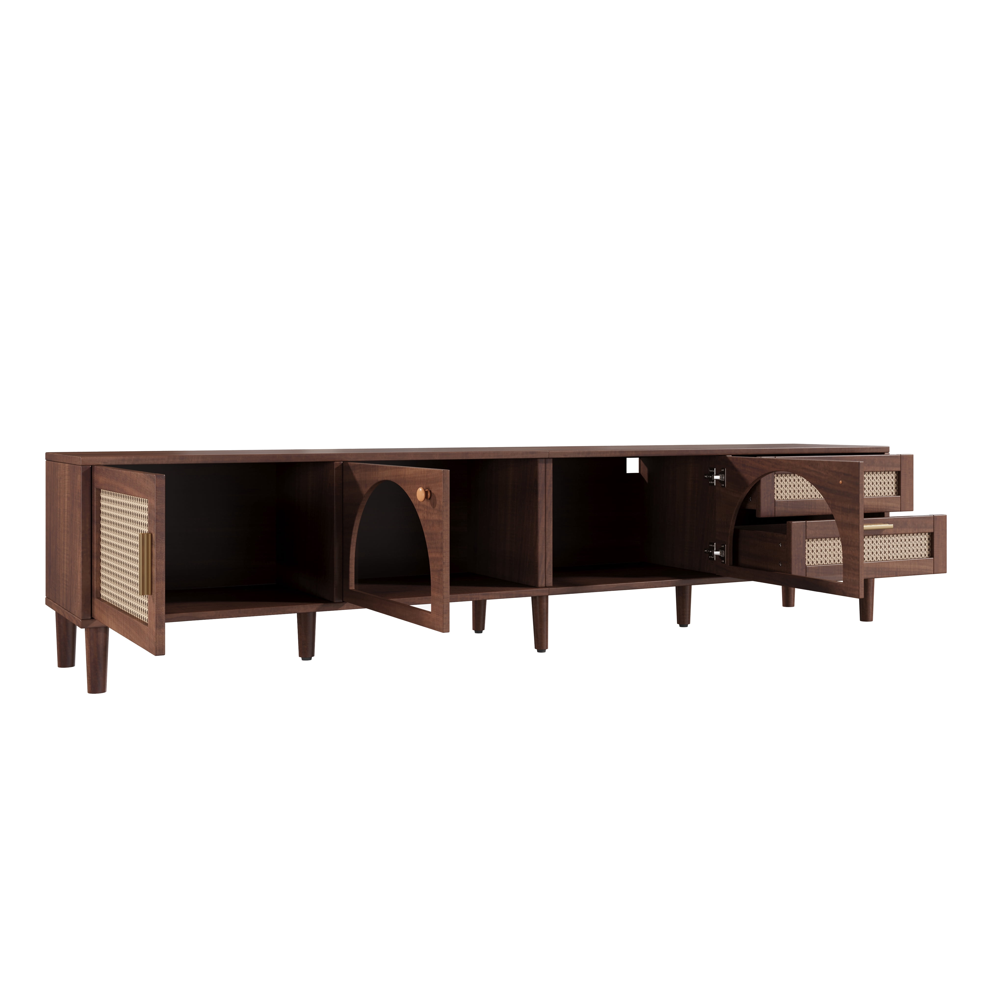 Homy Casa 86.6" TV Stand with LED Lights, Rattan Doors and Drawers, Walnut