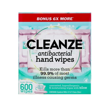 Cleanze Antibacterial Hand Wipes -6x100ct individual packs