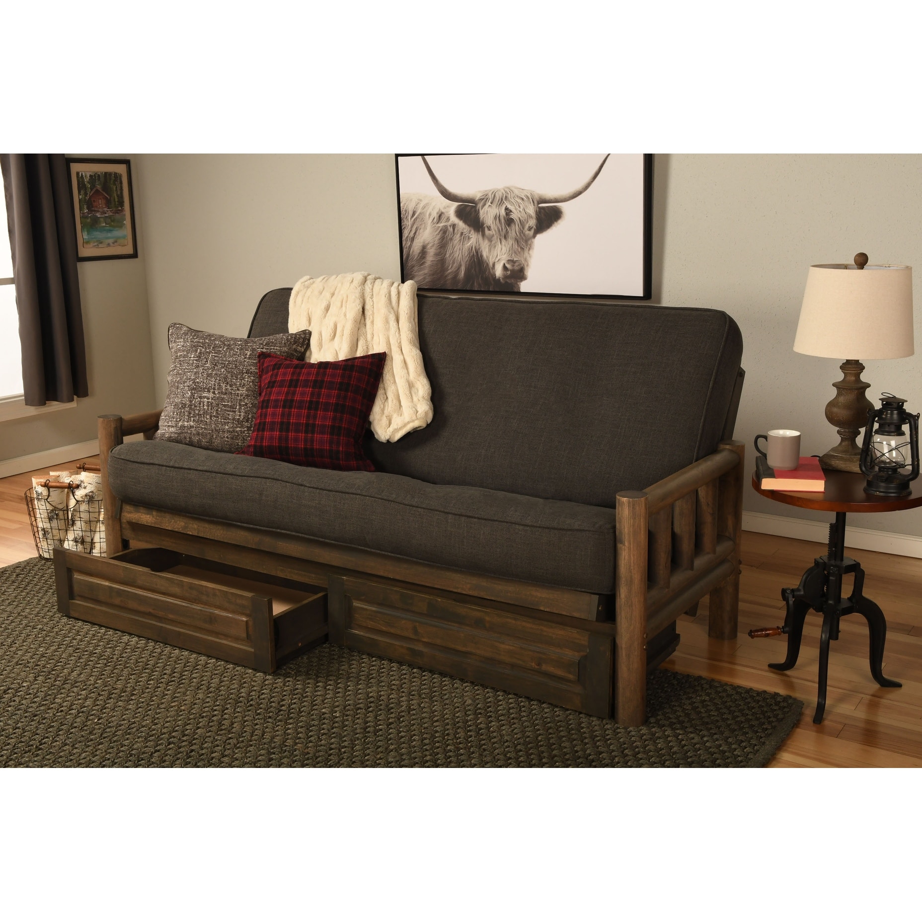 Somette Lodge Storage Futon Set in Rustic Walnut Finish with Linen