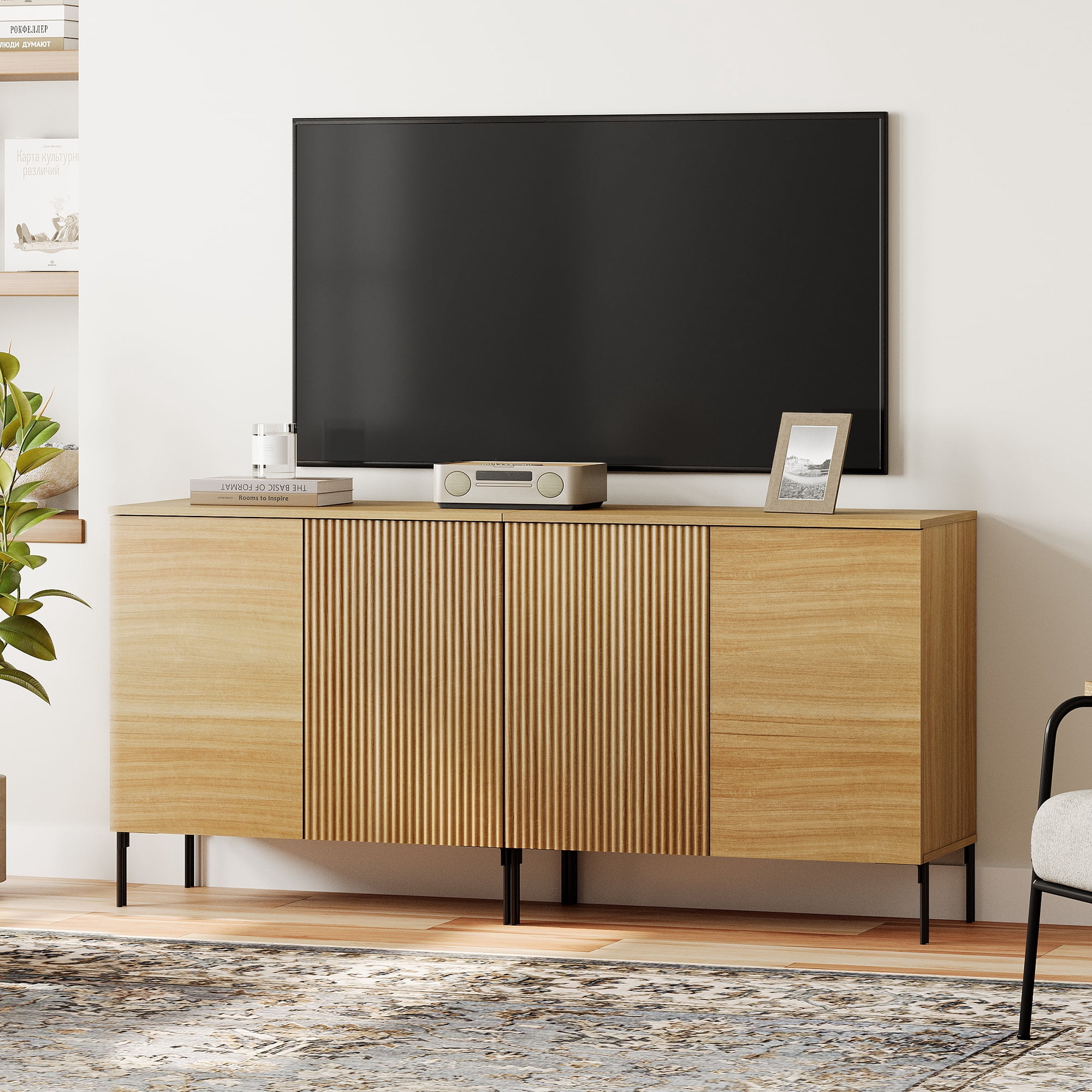 63" Modern Reeded TV Stand with Doors, Entertainment Center with Shelf, Wooden TV Console with Storage for Living Room