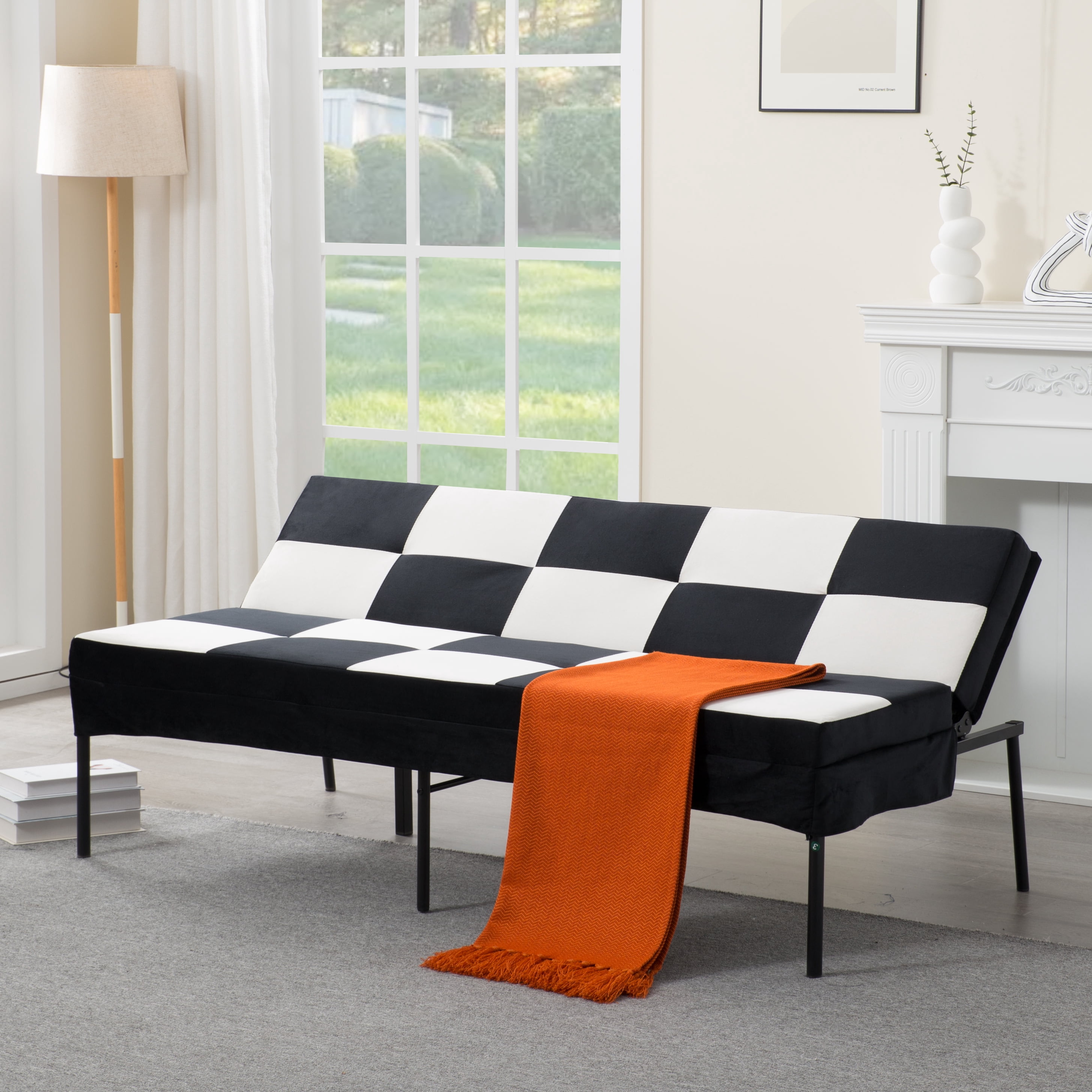 Gewnee 63.58”Velvet Futon Sofa Bed – Modern Convertible Sleeper with 5 Adjustable Positions,Modern Sleeper Sofa for Living Room,Office,Apartment.Black&White