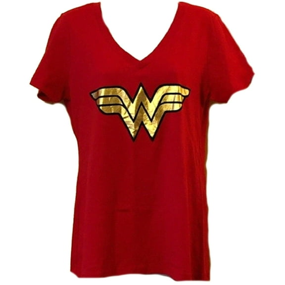 Wonder Woman Gold Foil Emblem Women's Red V-Neck T-Shirt XL