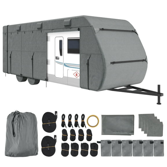 VEVOR Travel Trailer Cover, 28-31 ft RV Cover, Top 300D Oxford Fabric Camper Cover, Waterproof, Windproof and Rip-Stop Class A RV Cover, with Storage Bag, Repair Patches, Straps and Tire Covers
