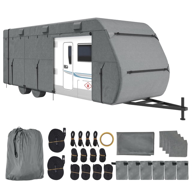 VEVOR Trailer Travel RV Cover designed for 28-31 ft Class A campers, made of durable 300D Oxford fabric with 210D sides. The cover features a grey finish, double-stitched seams, and a snug fit with elastic edges and multiple buckle straps for wind resistance. Includes side and rear zippered doors for easy access, reflective strips for visibility, and six ventilation ports to prevent bulging. Accessories include a storage bag, repair patch, double-sided tape, four tire covers, fastening straps, and sponge drainage covers.