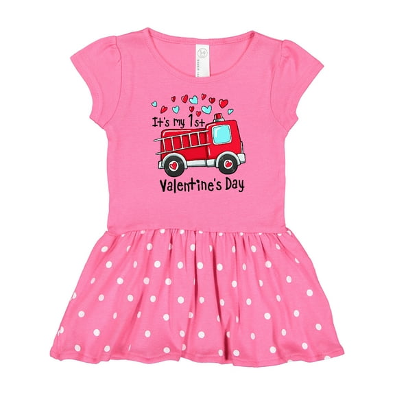 Inktastic It's My 1st Valentine's Day Fire Truck with Cute Dalmatian Gift Baby Girl Dress