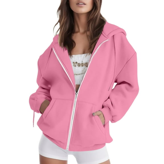 ZSQDM Designer Zip Up Hoodie Zip Up Hoodie For Women Solid Color Oversized Cropped Short Coats Korean Fashion Harajuku Hooded Sweatshirts Pink Women'S Polyester Hoodie (Xxl)