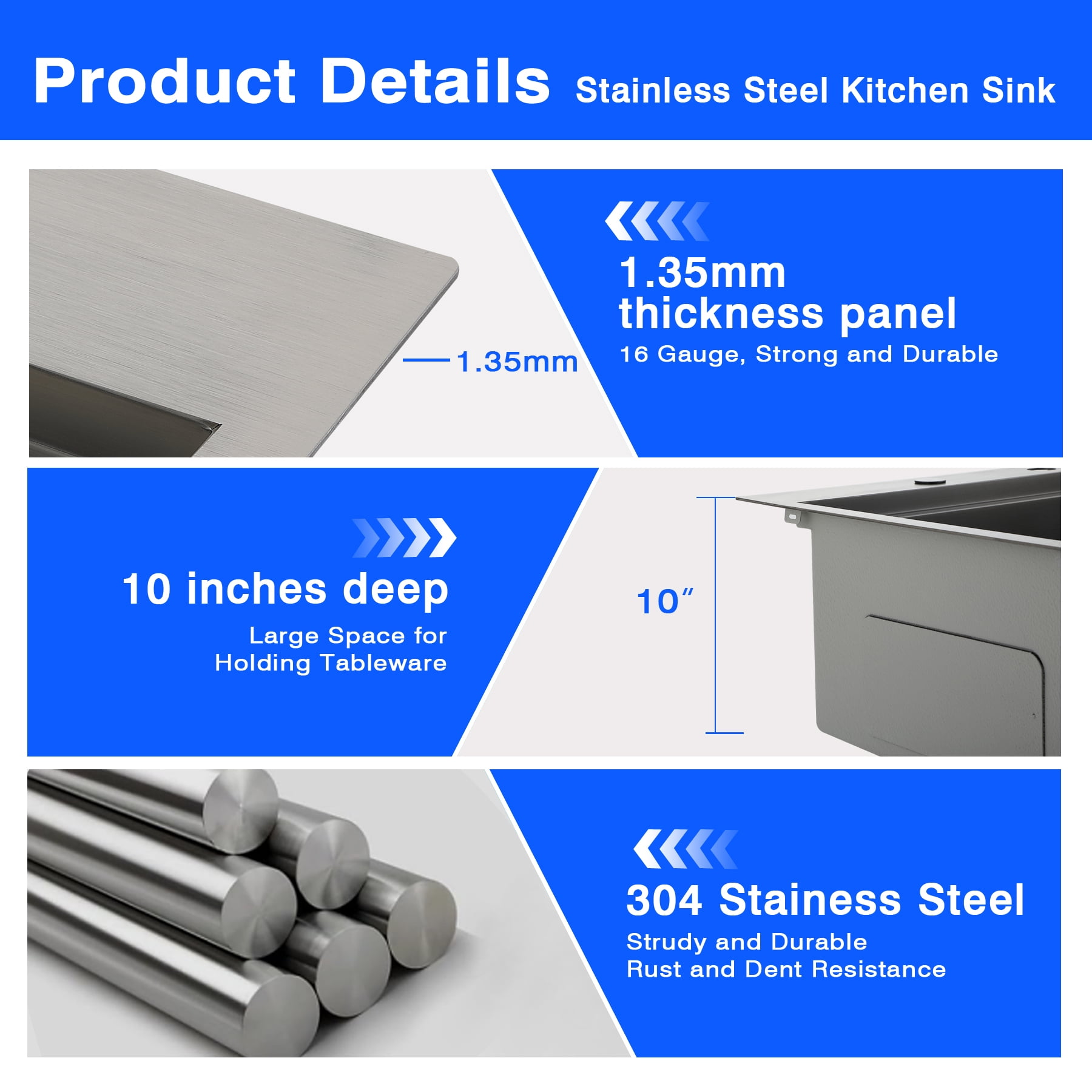 VsusKoos Kitchen 33" Top-Mount Sink, 304 Stainless Steel Deep Basin, 16-Gauge Thickened, Includes Cutting Board/Drain Rack/Colander