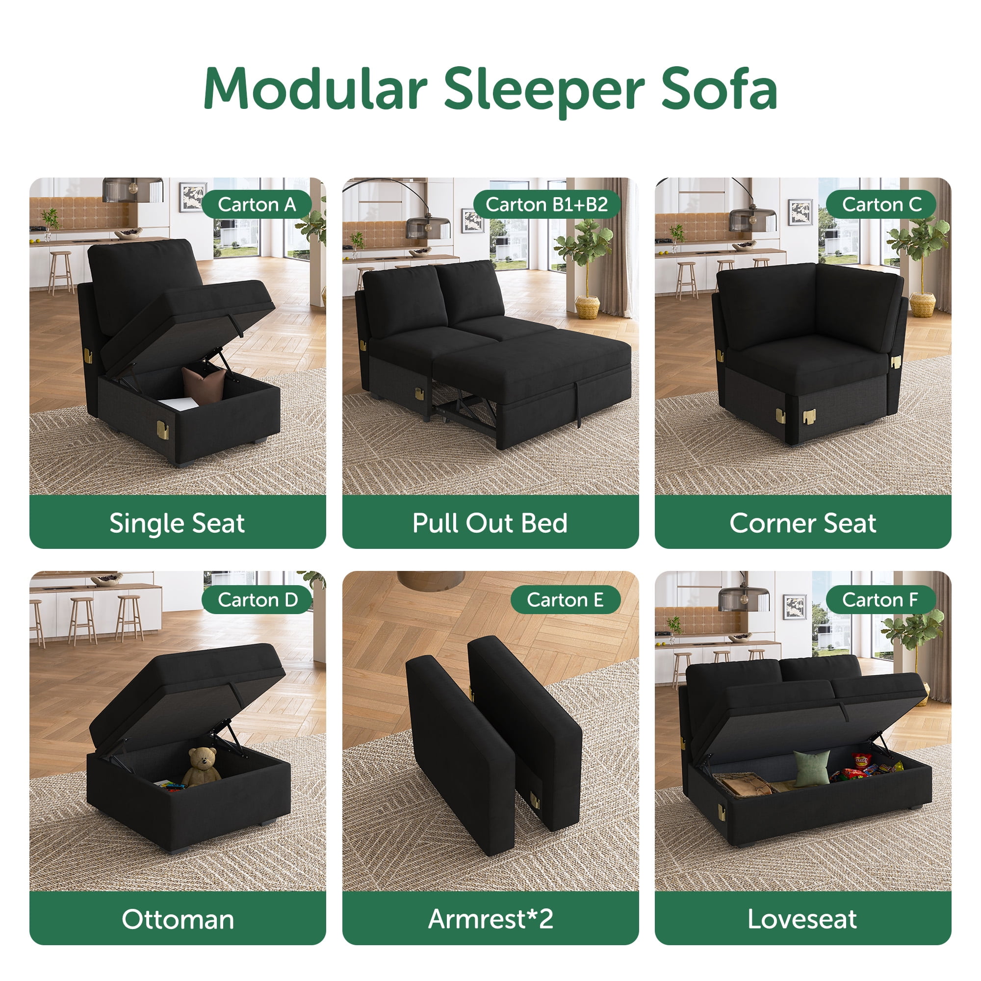 Marrber Convertible Linen Upholstered Sectional Sofa Sleeper Pull-Out Sofa Bed with Storage for Living Room Furniture Sets, Velvet Black