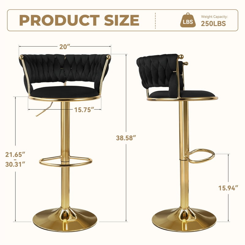 Hawsaiy Modern Velvet Bar Stools Set of 2, Adjustable Height Woven Back Bar Chairs with Footrest and Swivel for Kitchen Island & Dining Room, Black